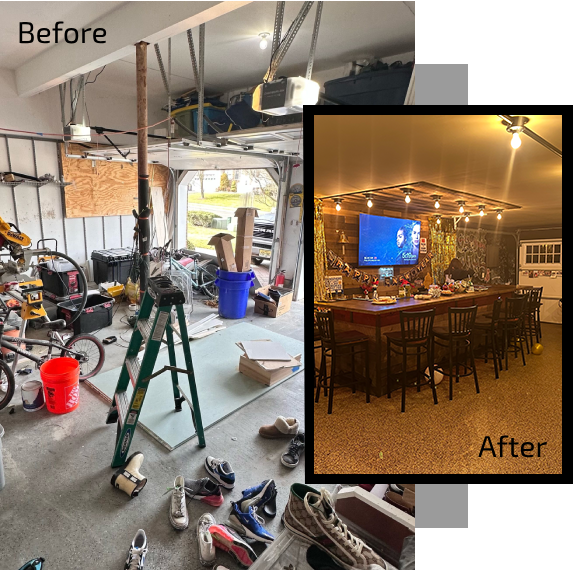 A before and after picture of the interior of a garage.